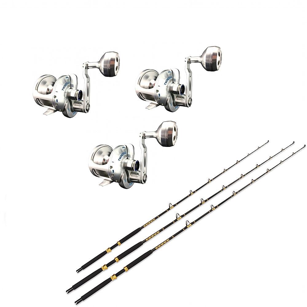 3 Accurate Valiant BVL-800S Silver with 3 CHAOS KC 20-40 7FT Live Bait Gold Rod Combo