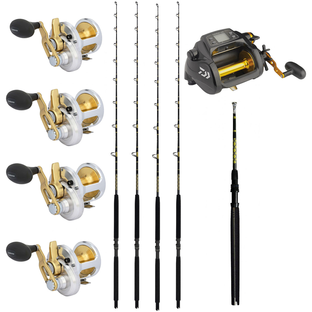 Kite Fishing Full Combo: Set of 4 Shimano Talica 16 LD with 4 CHAOS KC 15-30 7FT Rods and 1 TANACOM 1000 Reel and 1 CHAOS 32" Slick Butt Gold Kite Rod