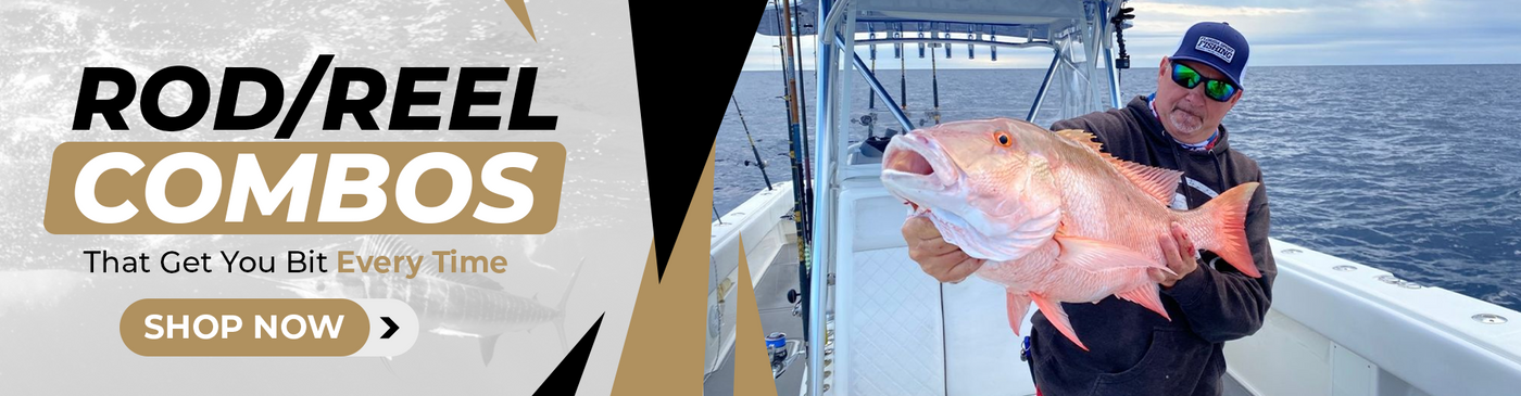 Rod /Reel Combo Banner That Get you bite every time.  Picture on right of a person with a very big fish.