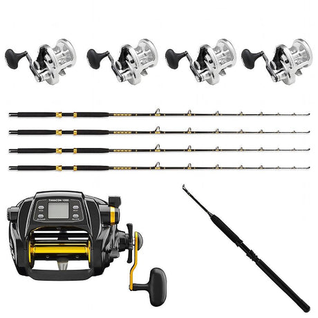 Sailfish Combo: 4 SHIMANO Talica 20BFC, 4 KC 15-30 7' Rods , 1 Daiwa Tanacom 1000 and Kite Rod