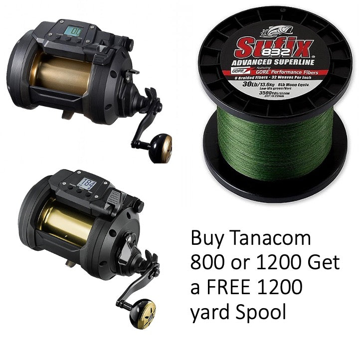 Buy Daiwa Tanacom 800 or 1200 and get Free Spool of 1200 Yards 832 Green 80#