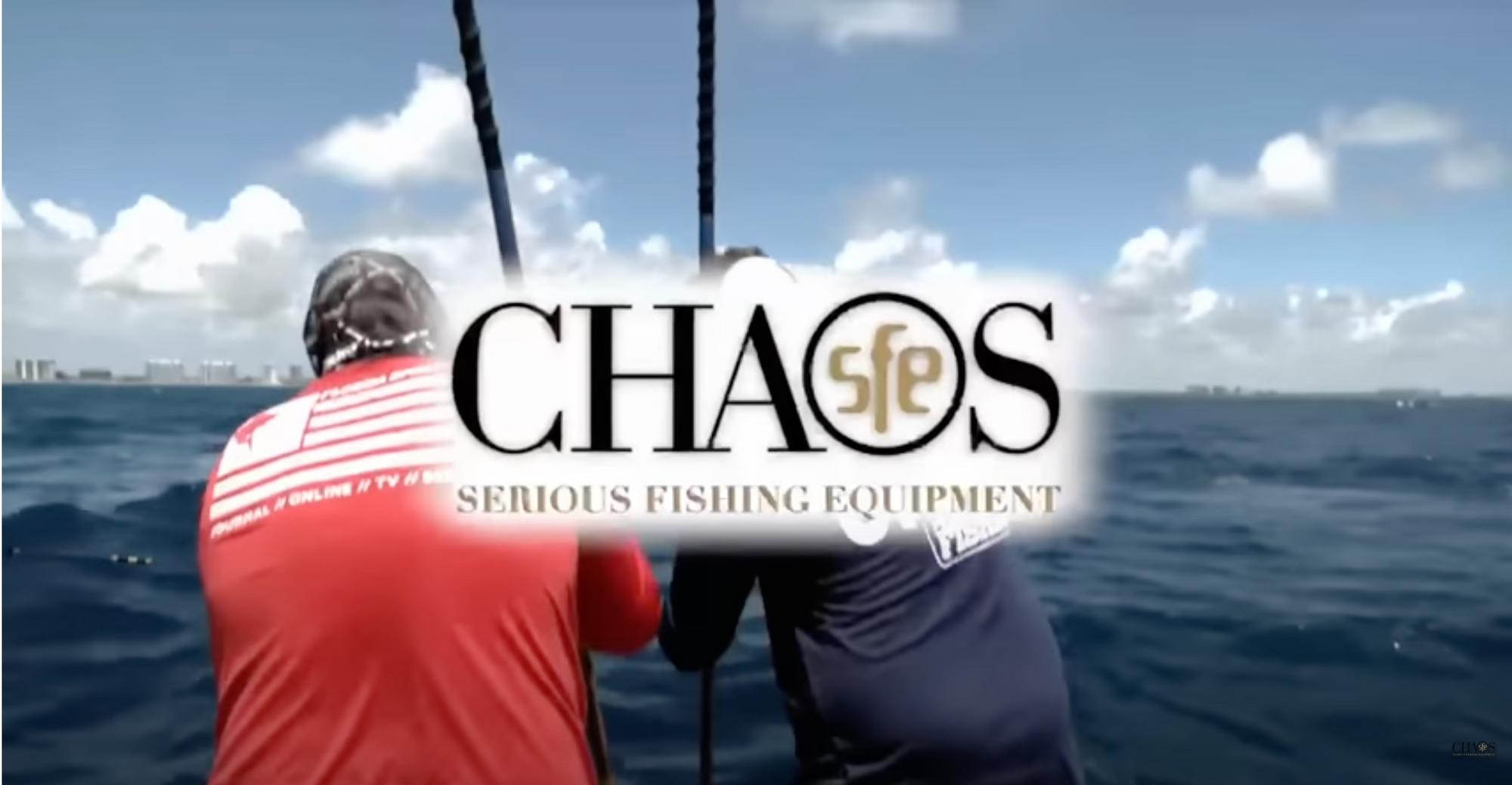 Image of 2 people fishing off the back of a boat with the CHAOS logo on top