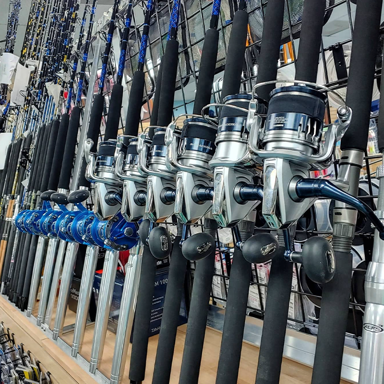 Rods and reels standing up in a display in the store. There are spinning combos and then conventional combos.