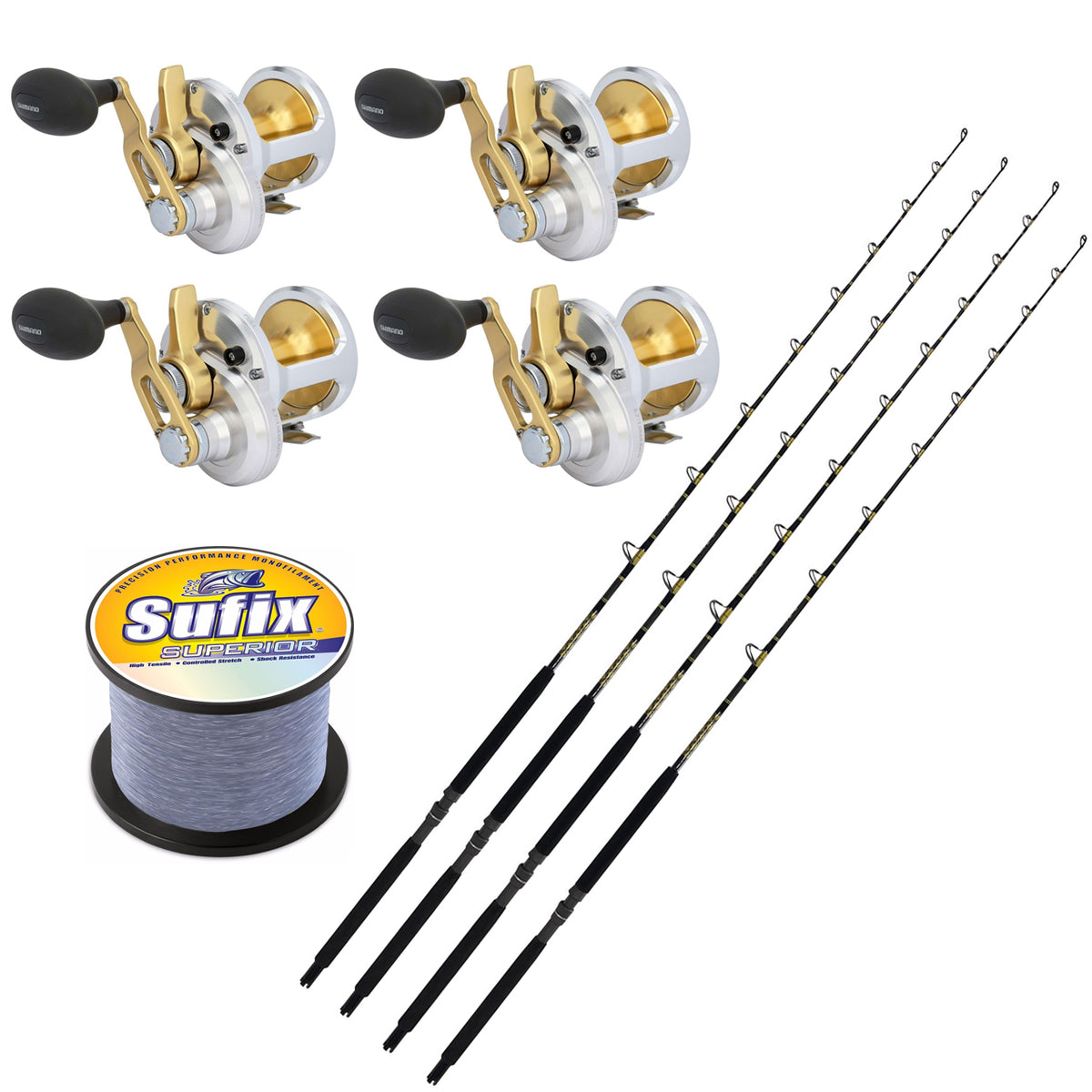 4 CHAOS KC15-30 7&#39; Live Bait Rods and 4 Shimano TALICA 16 LD Reels Spooled with SUFIX Mono